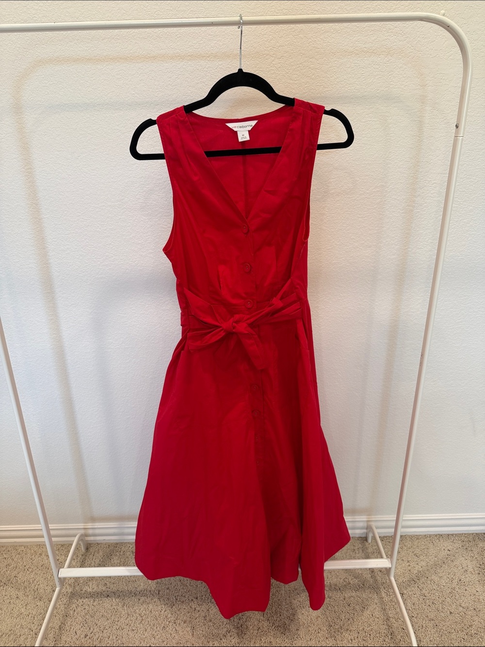 Liz Claiborne Sleeveless Red Button-Front Midi Dress with Tie-Waist